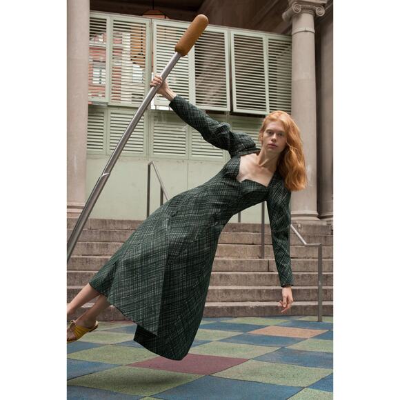Rosie Assoulin Checked Cotton Midi Dress Dark Green Plaid A-Line Fit Flare 8 - Picture 1 of 14